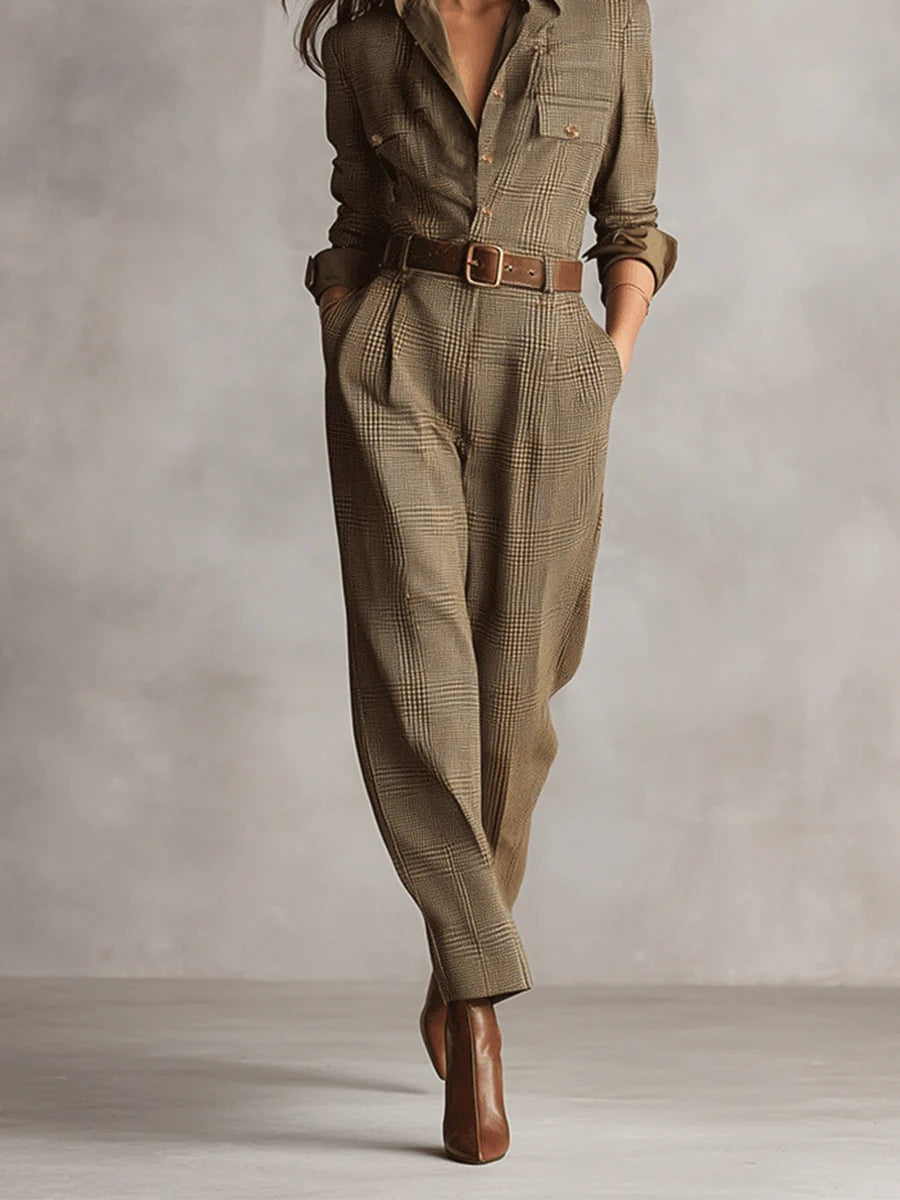 Khaki utility jumpsuit with belted waist and wide leg