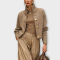 Teddy sherpa jacket with gold buttons and stand collar, front view
