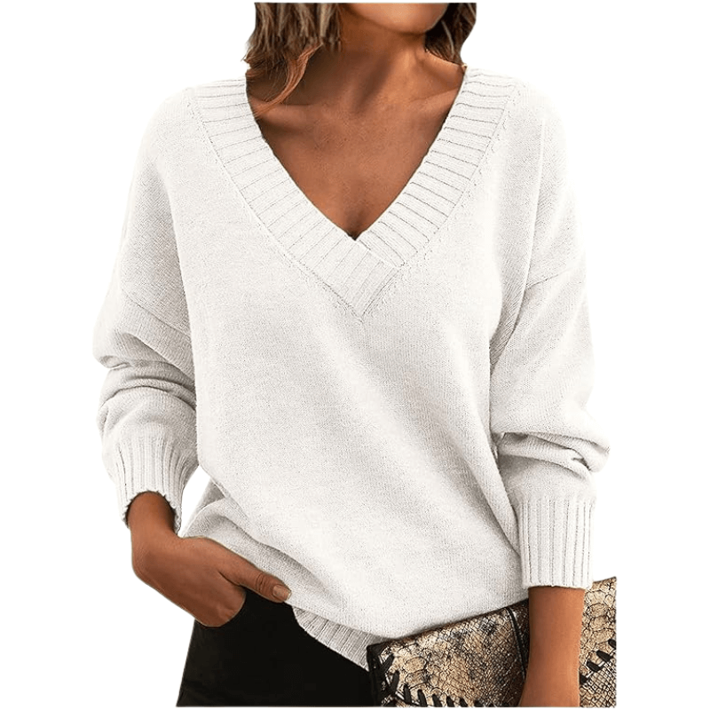 Fine knit V-neck sweater with ribbed trim and drop shoulders