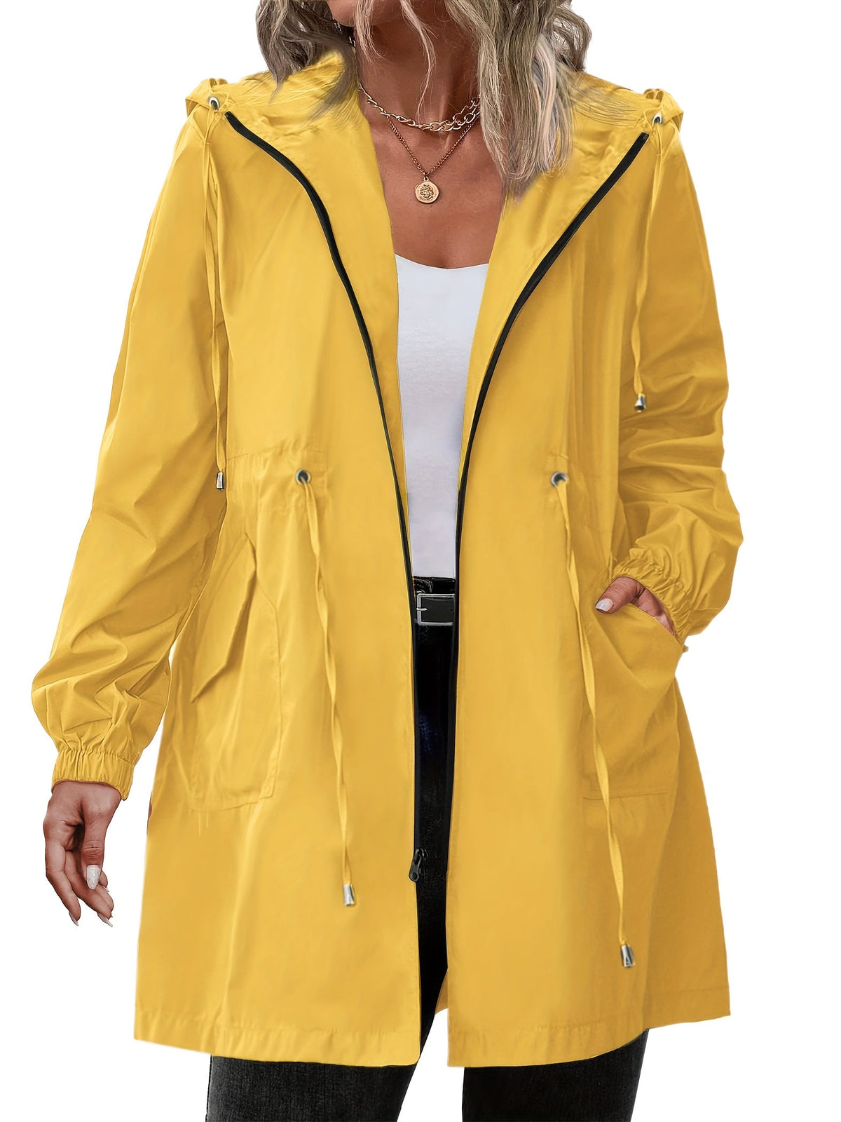 Yellow Hooded Full-Zip Drawstring Coat, detail view