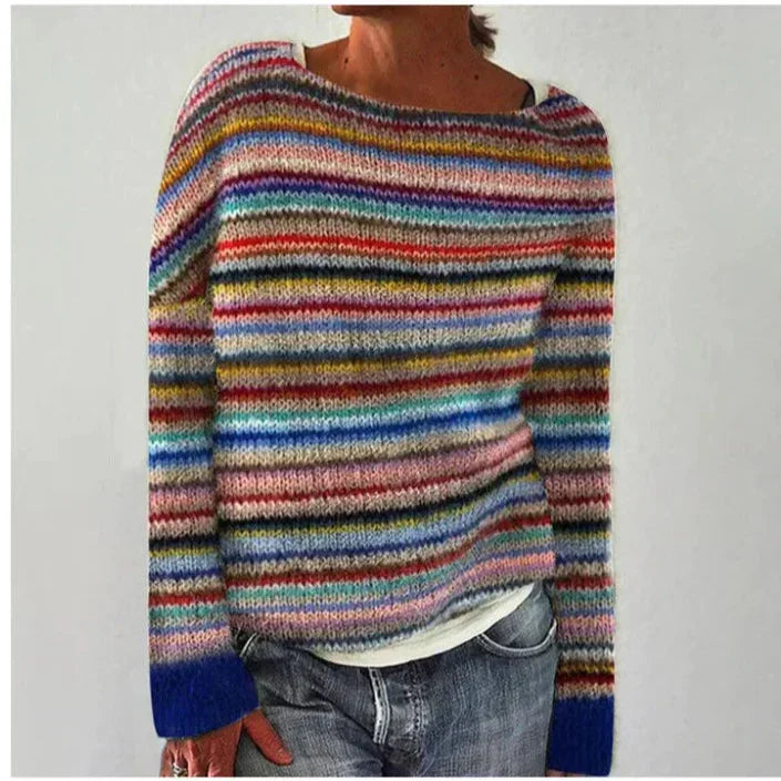 Multicolor striped boat neck knit sweater