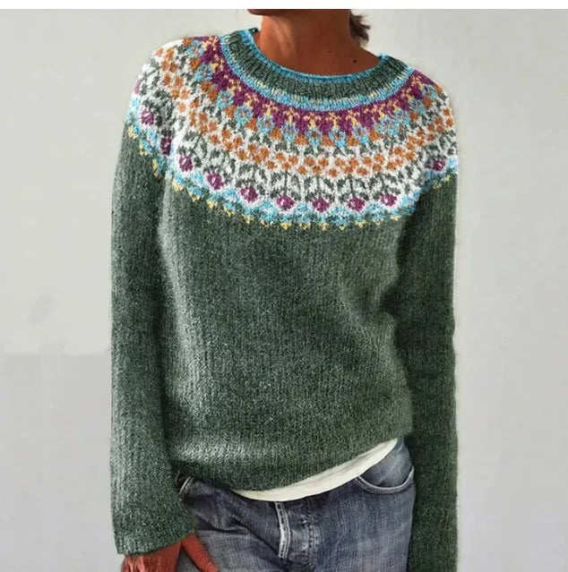 Boat neck knit sweater with patterned bands