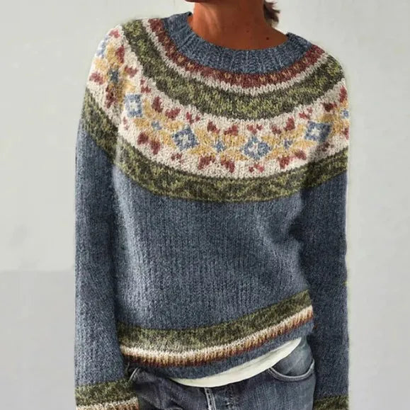 Boat neck knit sweater with patterned bands