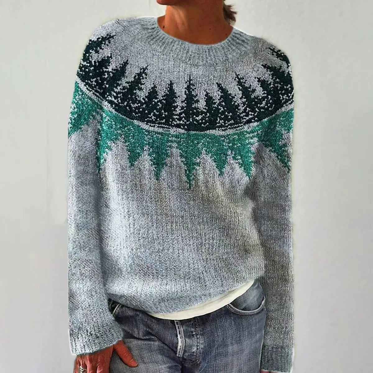 Boat neck knit sweater with patterned bands