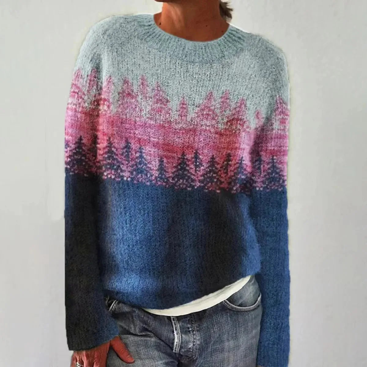 Boat neck knit sweater with patterned bands