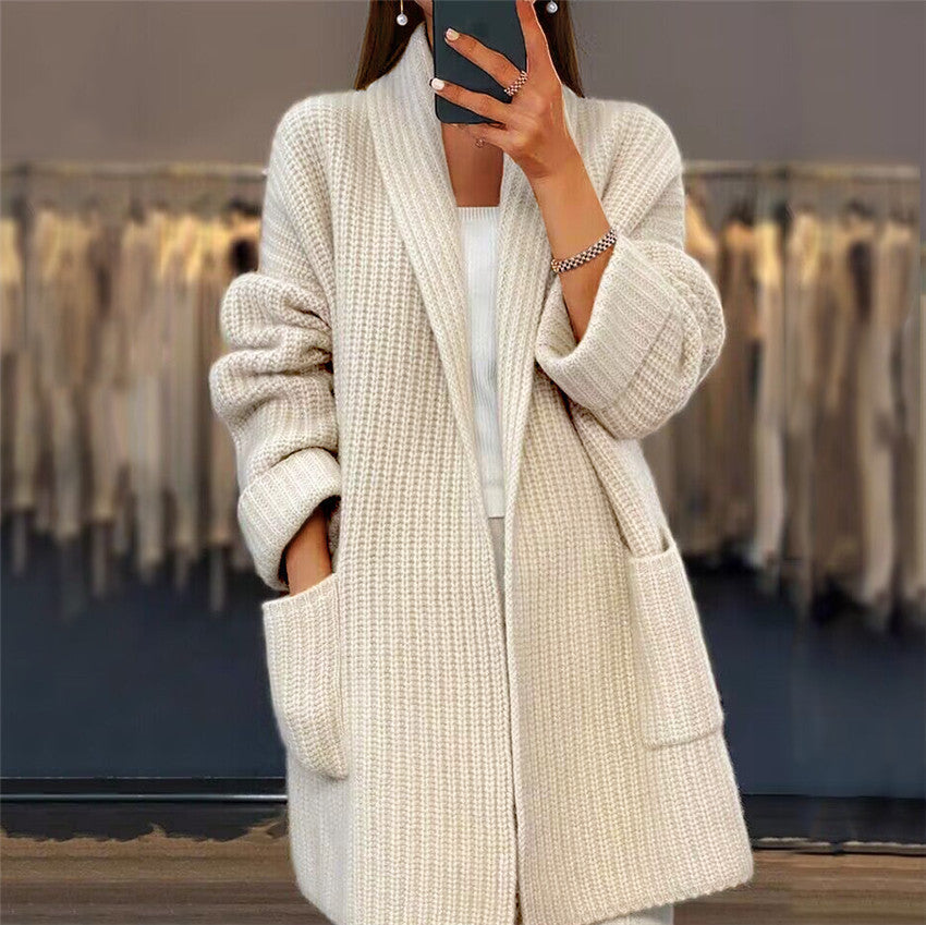 Chunky knit open front cardigan with shawl collar, front view