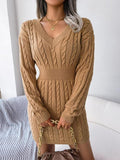 Khaki cable knit sweater dress with v neck and long sleeves, front view