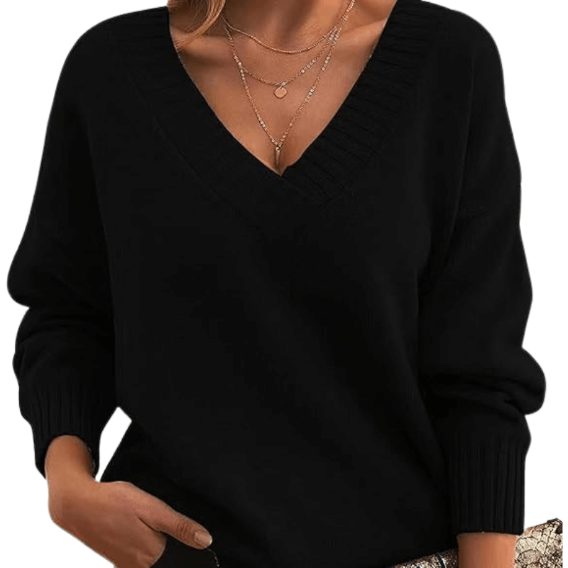 Fine knit V-neck sweater with ribbed trim and drop shoulders