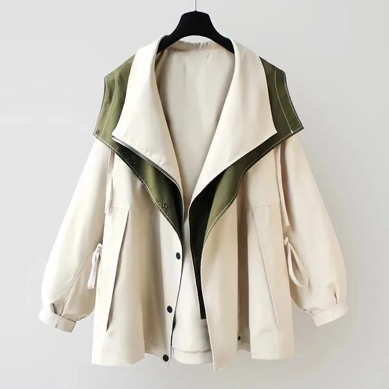 White hooded contrast panel windbreaker jacket with drawstring, front view