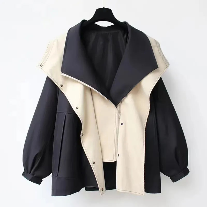 Black hooded contrast panel windbreaker jacket with drawstring