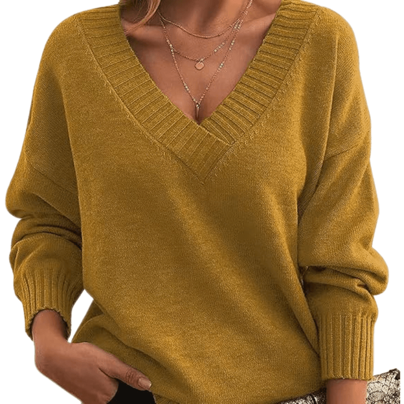 Fine knit V-neck sweater with ribbed trim and drop shoulders