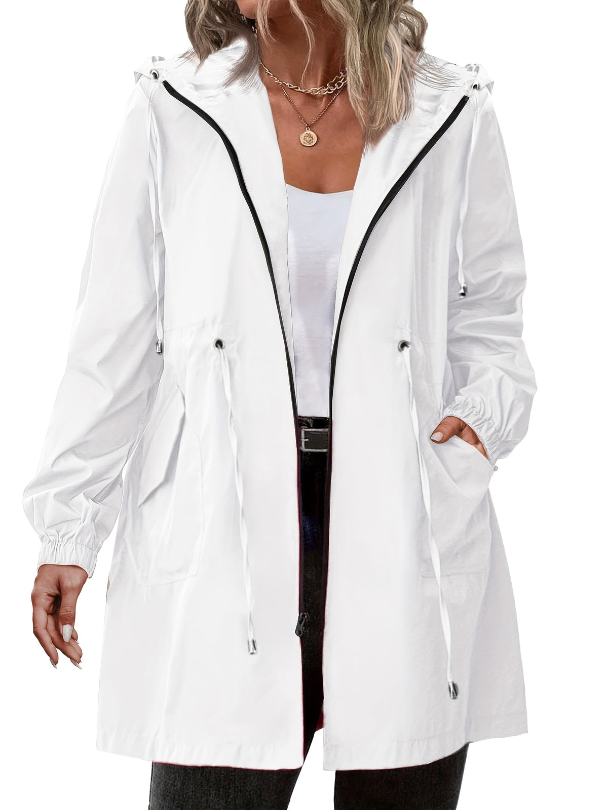 Yellow Hooded Full-Zip Drawstring Coat, detail view