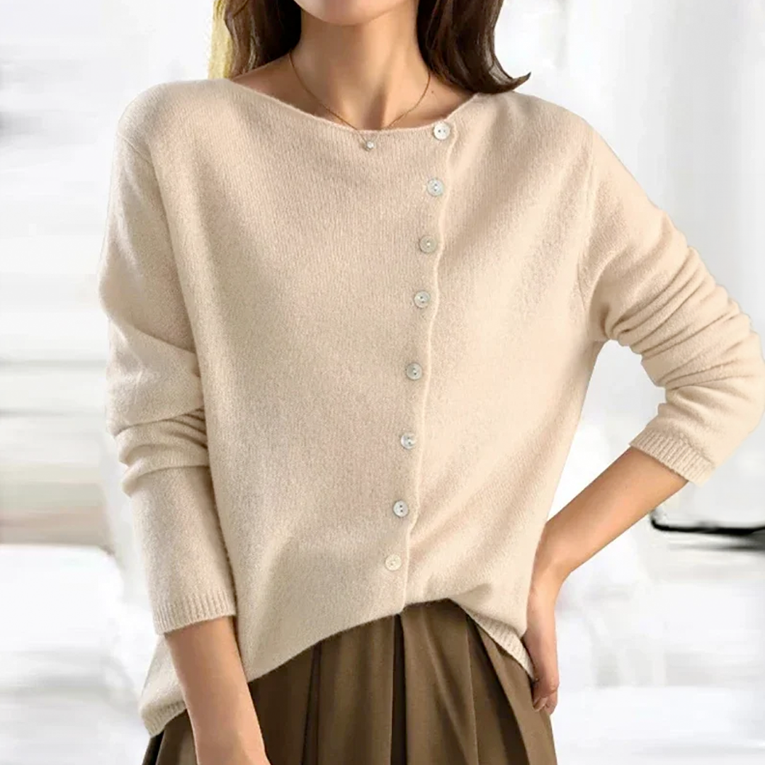 Beige soft knit button front cardigan with asymmetric placket