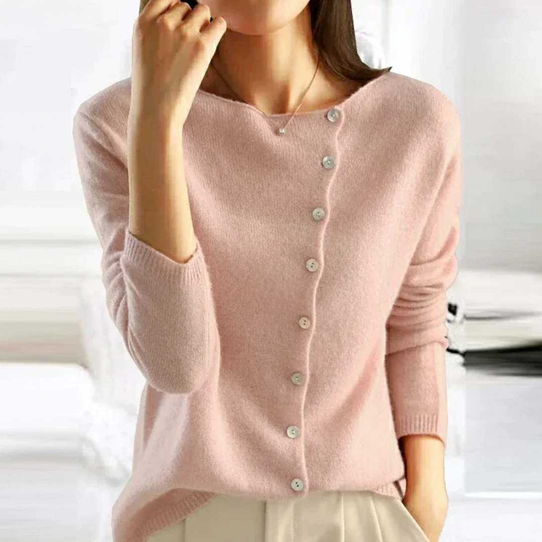 Pink soft knit button front cardigan with asymmetric placket