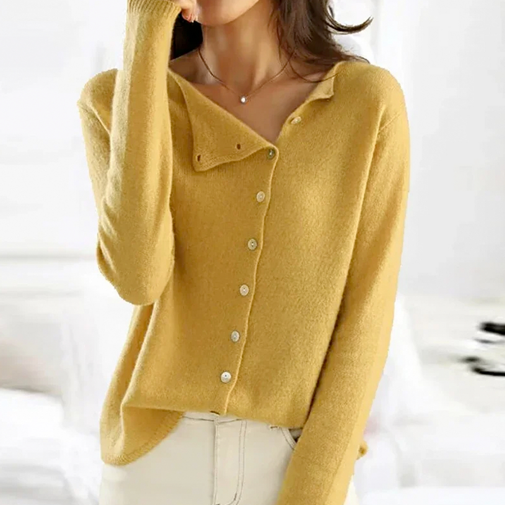Yellow soft knit button front cardigan with asymmetric placket