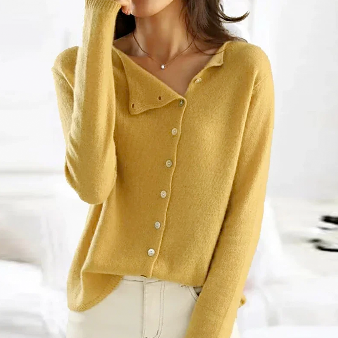 Yellow soft knit button front cardigan with asymmetric placket