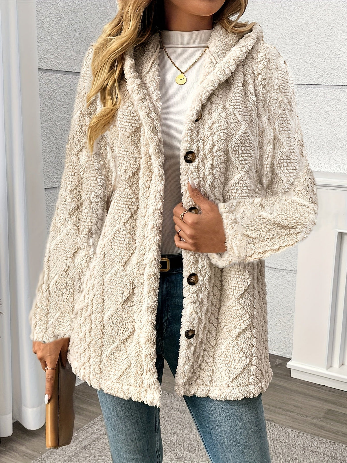 Hooded wool blend teddy coat