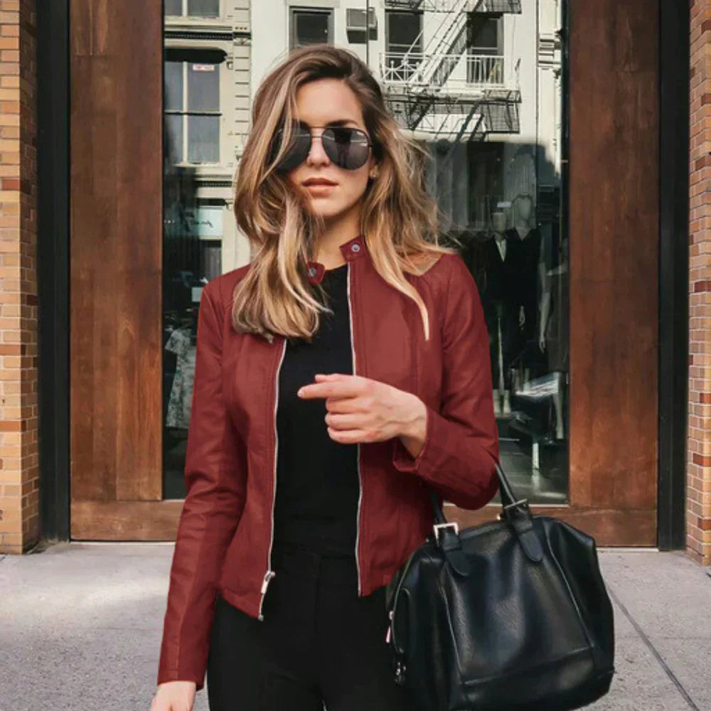 Burgundy leather jacket with moto zip front and stand collar, detail view