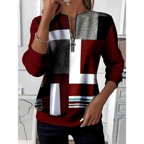 Wine color block quarter zip sweater with stand collar, front view