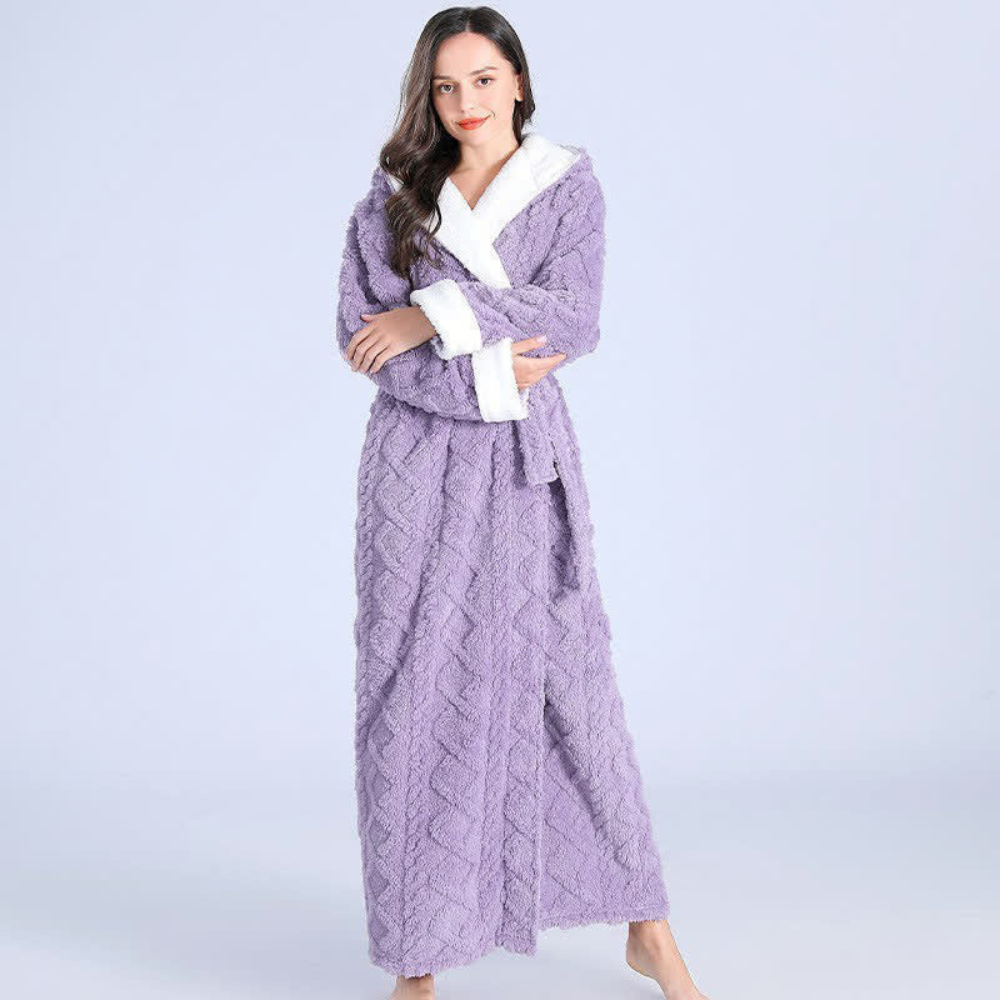 Purple hooded fleece robe with full length cut and pockets