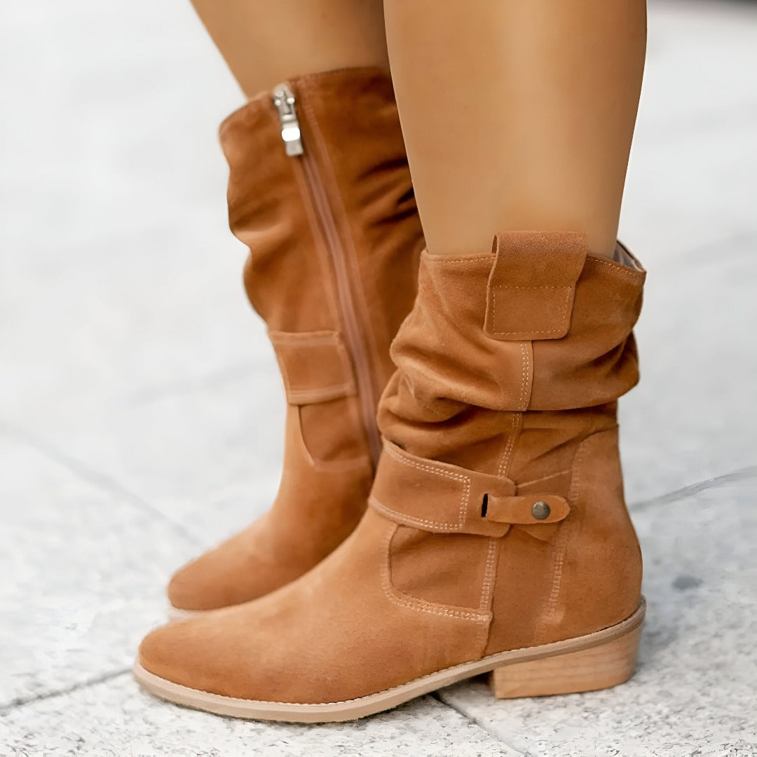 Beige plush-lined faux suede Boots, front view