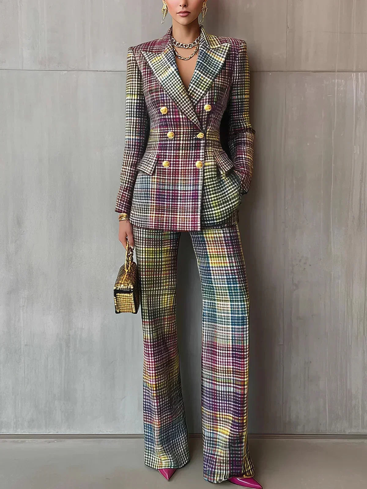 Multicolor plaid double breasted blazer and wide leg pants set, front view