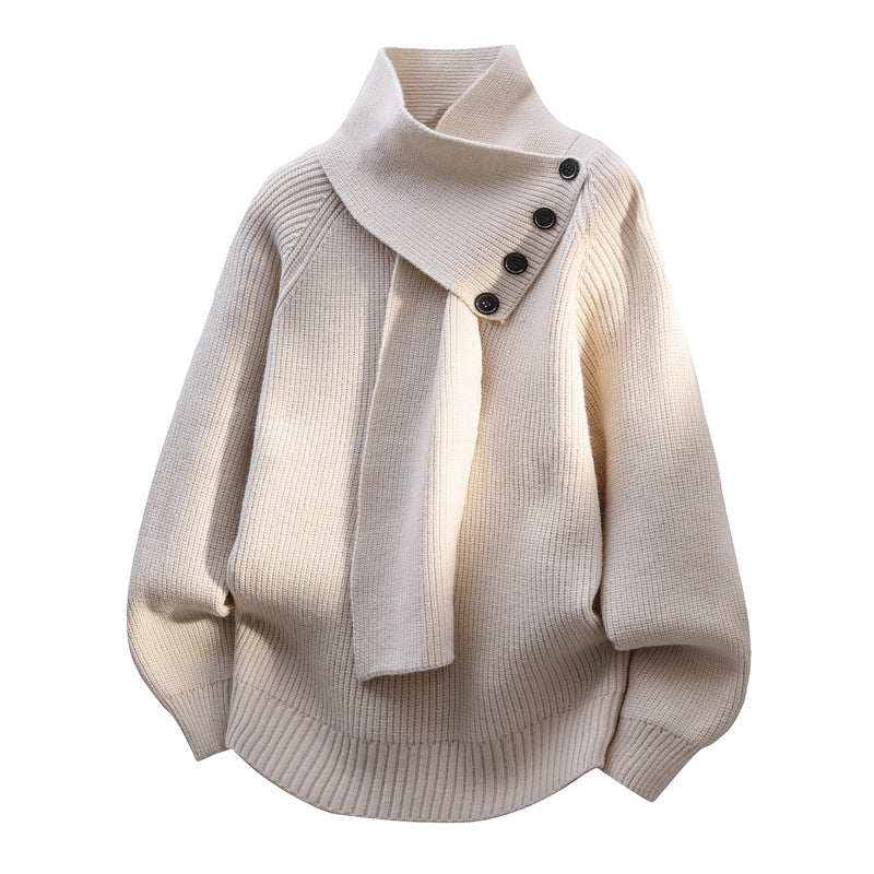 Scarf neck knit sweater with button detail