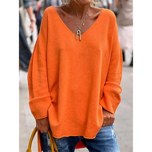 Orange relaxed V-neck pullover, front view