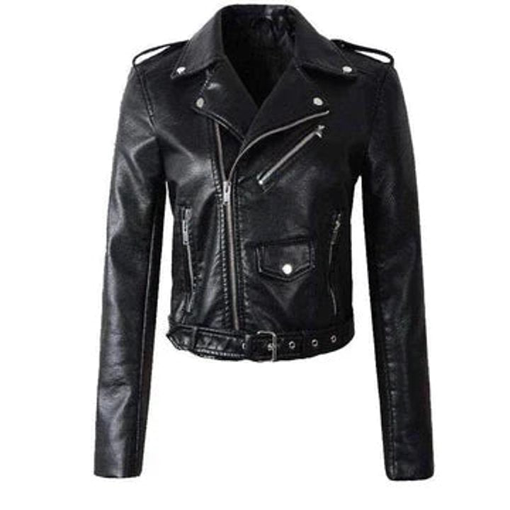 Cropped moto faux leather biker jacket with belt and zip pockets