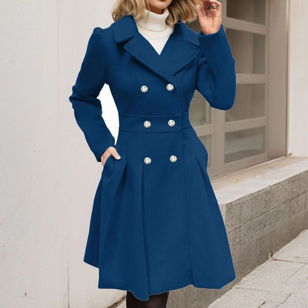 Wool blend double breasted longline flared coat