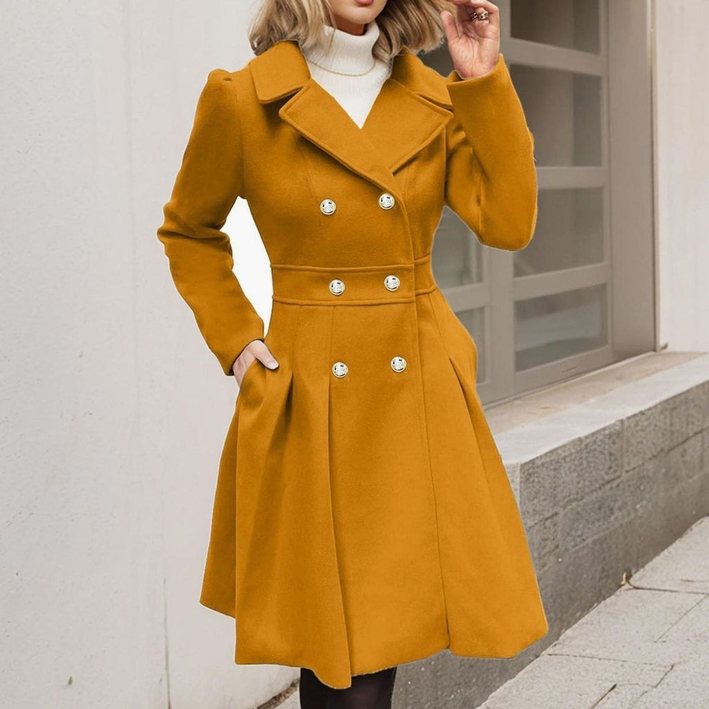 Wool blend double breasted longline flared coat