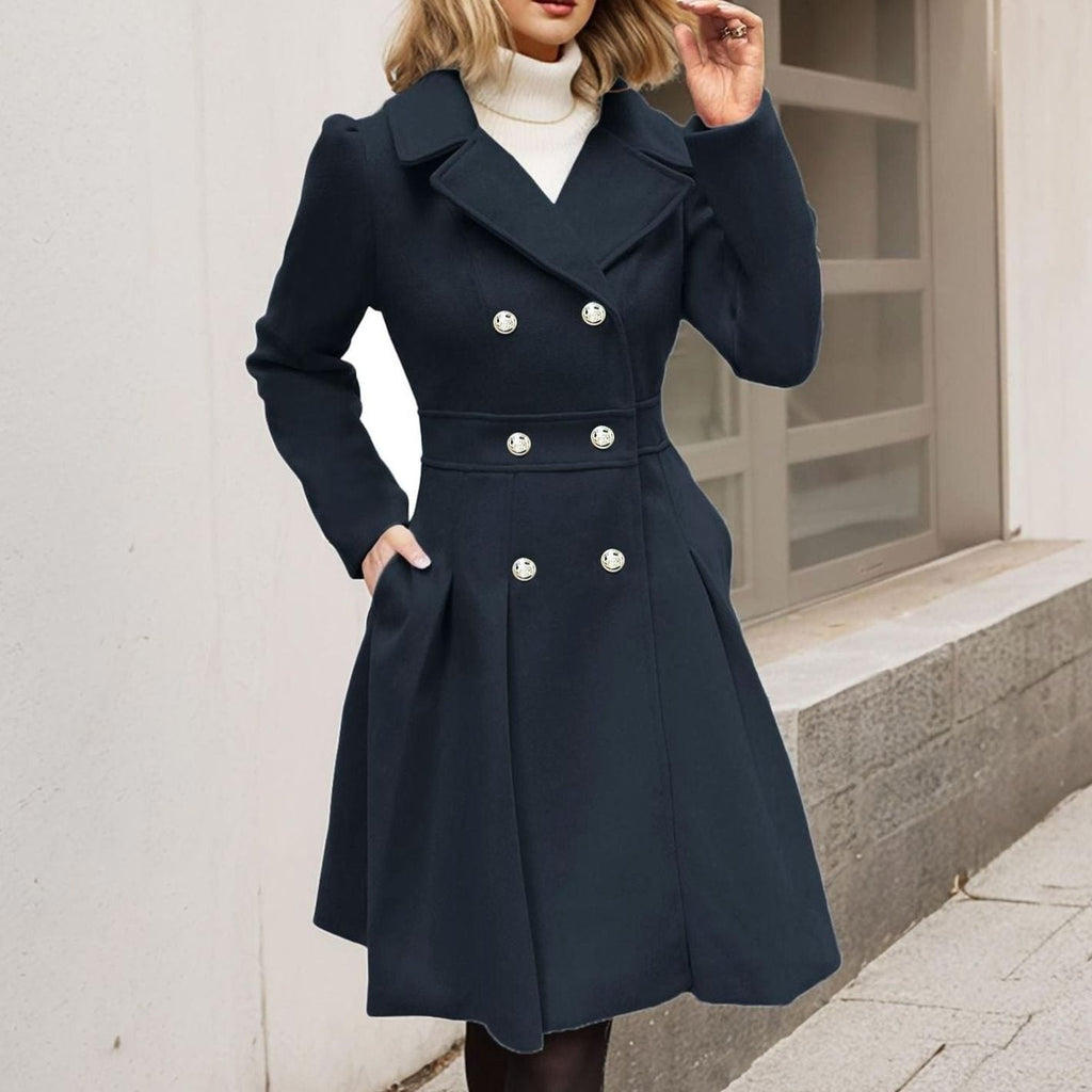 Wool blend double breasted longline flared coat