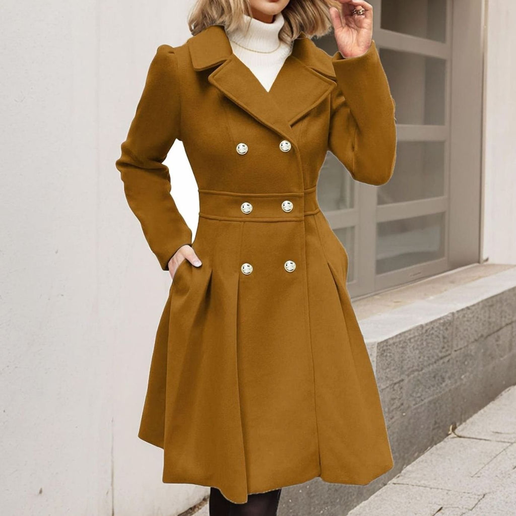 Wool blend double breasted longline flared coat
