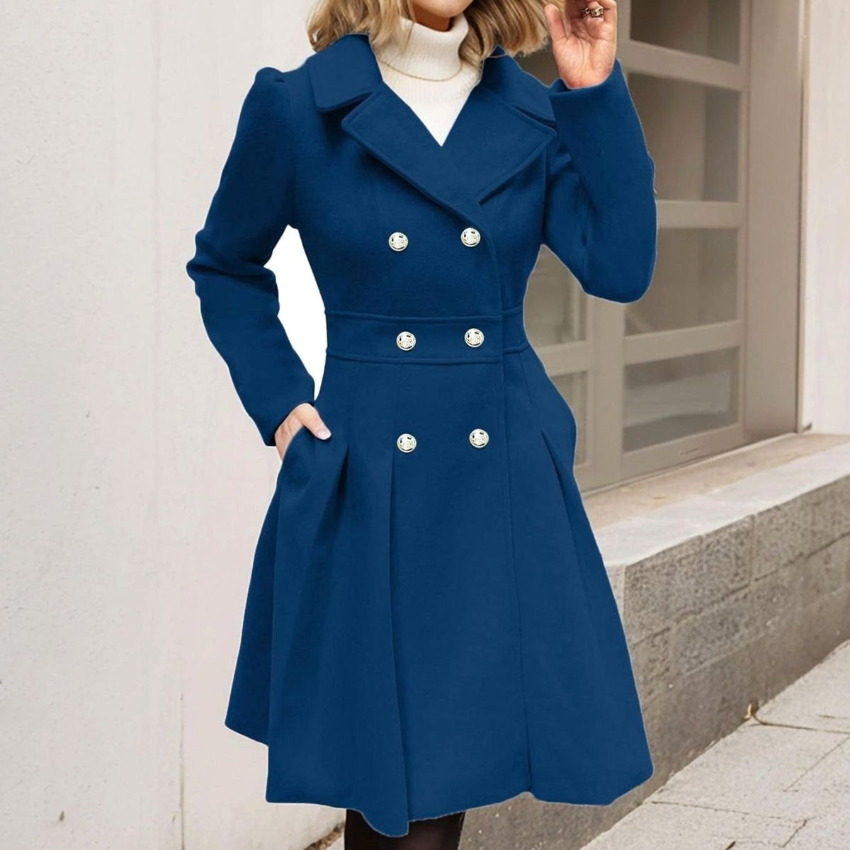 Wool blend double breasted longline flared coat