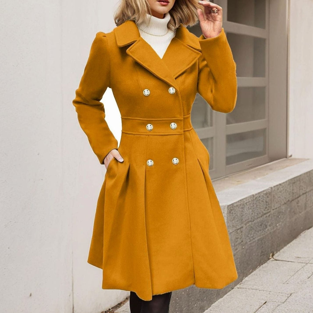 Wool blend double breasted longline flared coat