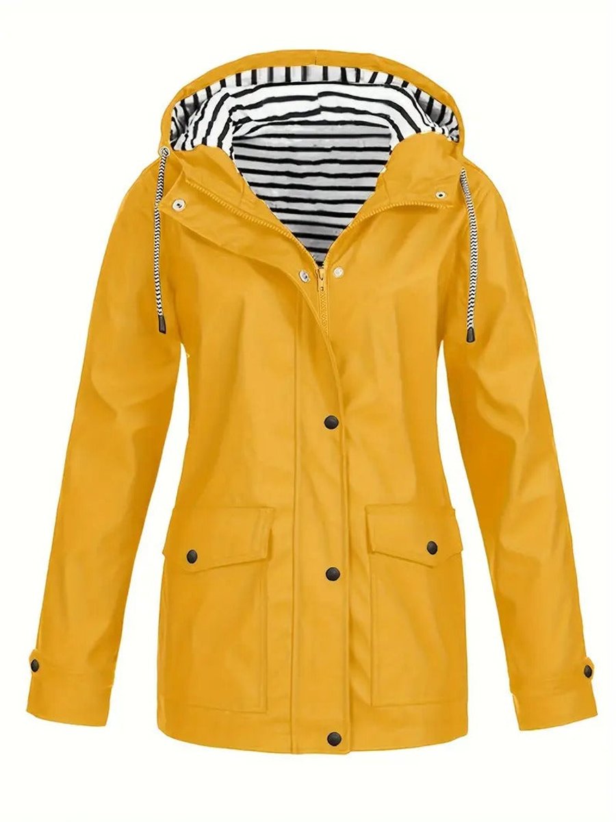 Hooded waterproof raincoat with striped lining