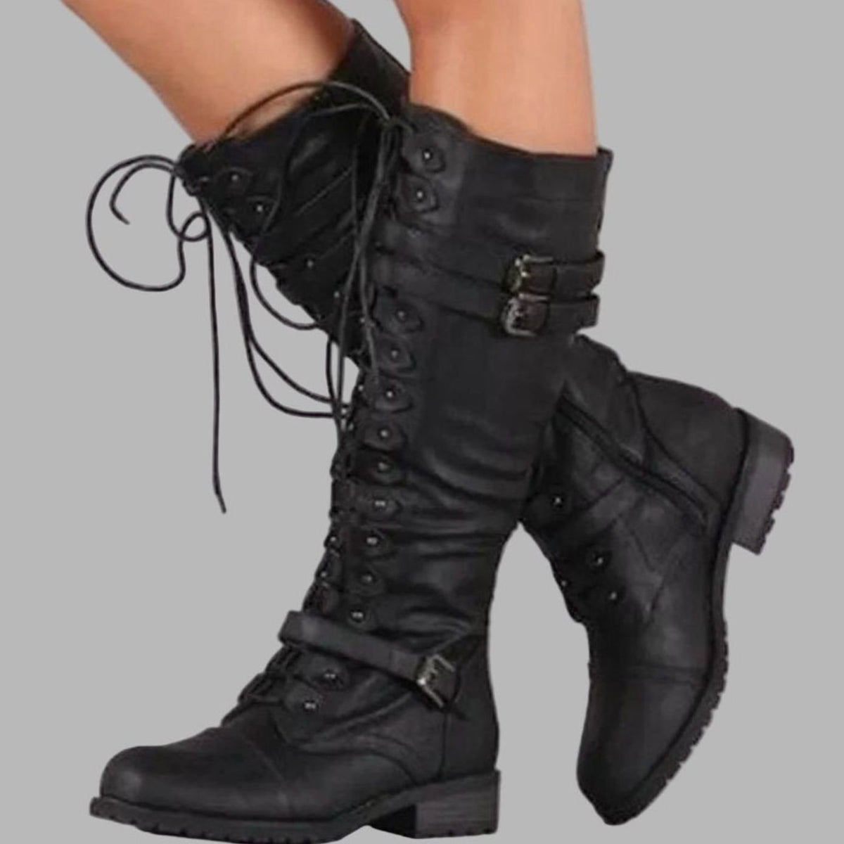Faux leather lace up knee high combat boots, front view