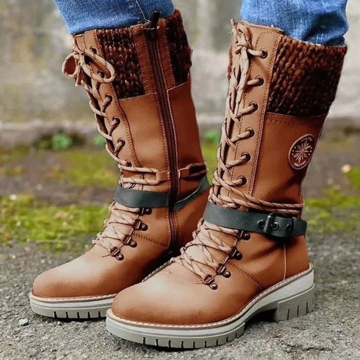 Knit cuff lace-up mid-calf winter boots