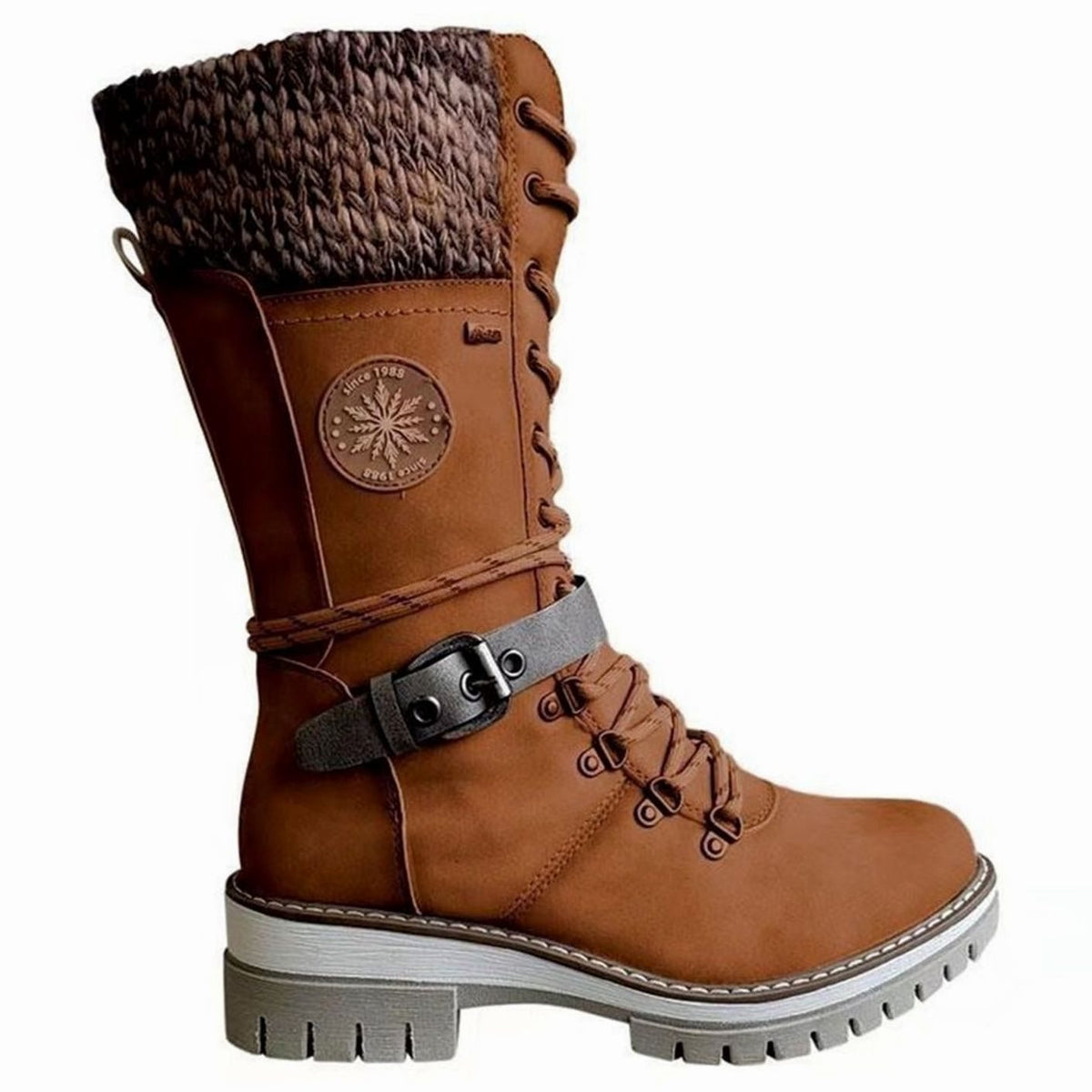 Knit cuff lace-up mid-calf winter boots