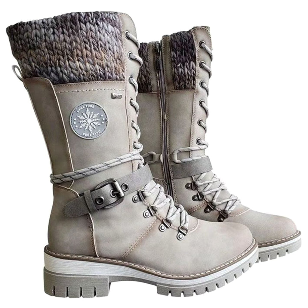 Knit cuff lace-up mid-calf winter boots
