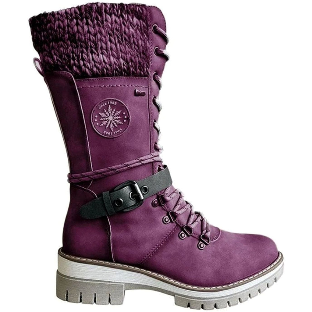 Knit cuff lace-up mid-calf winter boots