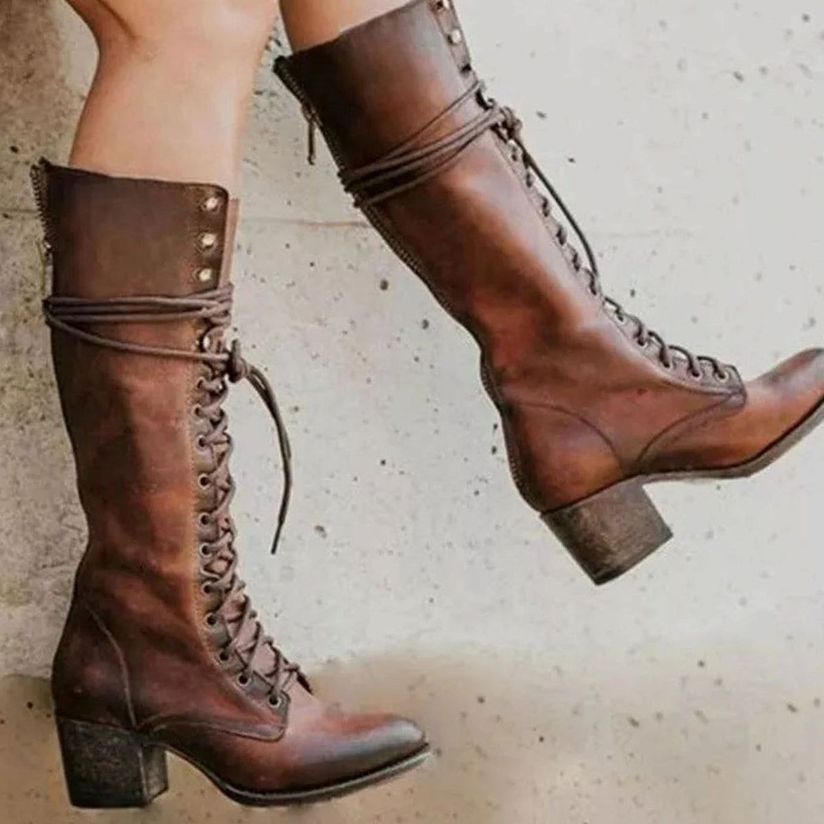 Brown lace up knee high boots