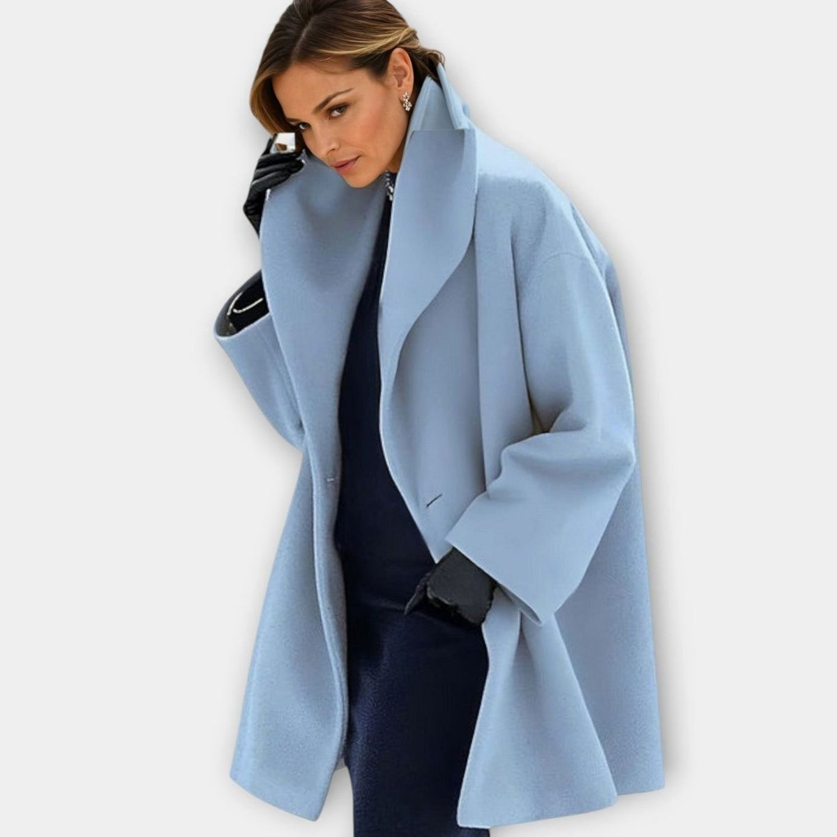 Blue oversized wide lapel collar winter coat, front view