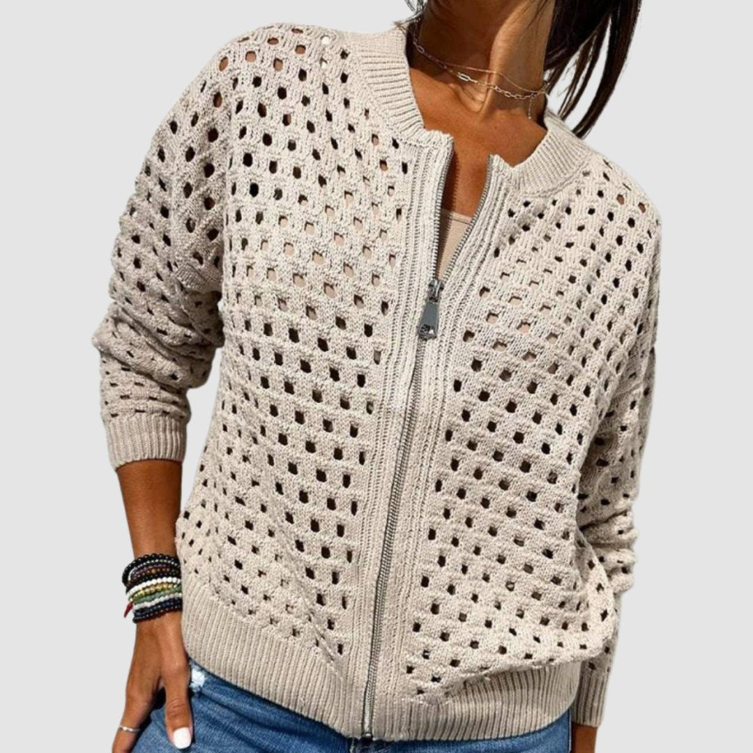Beige Hollow-Knit Zip-Up Cardigan